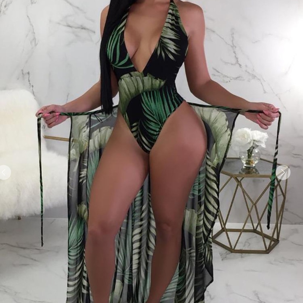 Tropical Print backless One piece Swimsuit with Cover Up